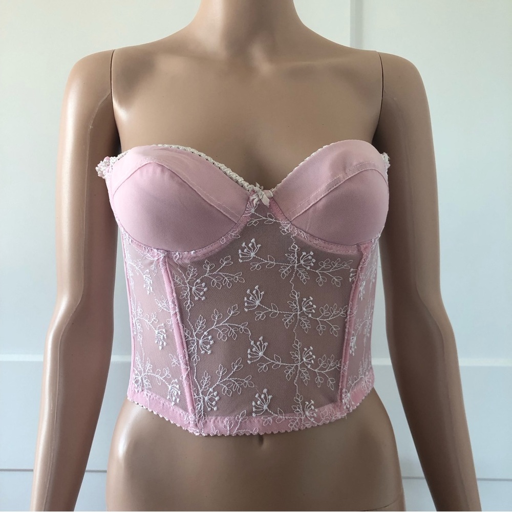 Evelyn Pink White Lace Mesh Boned Corset 34B